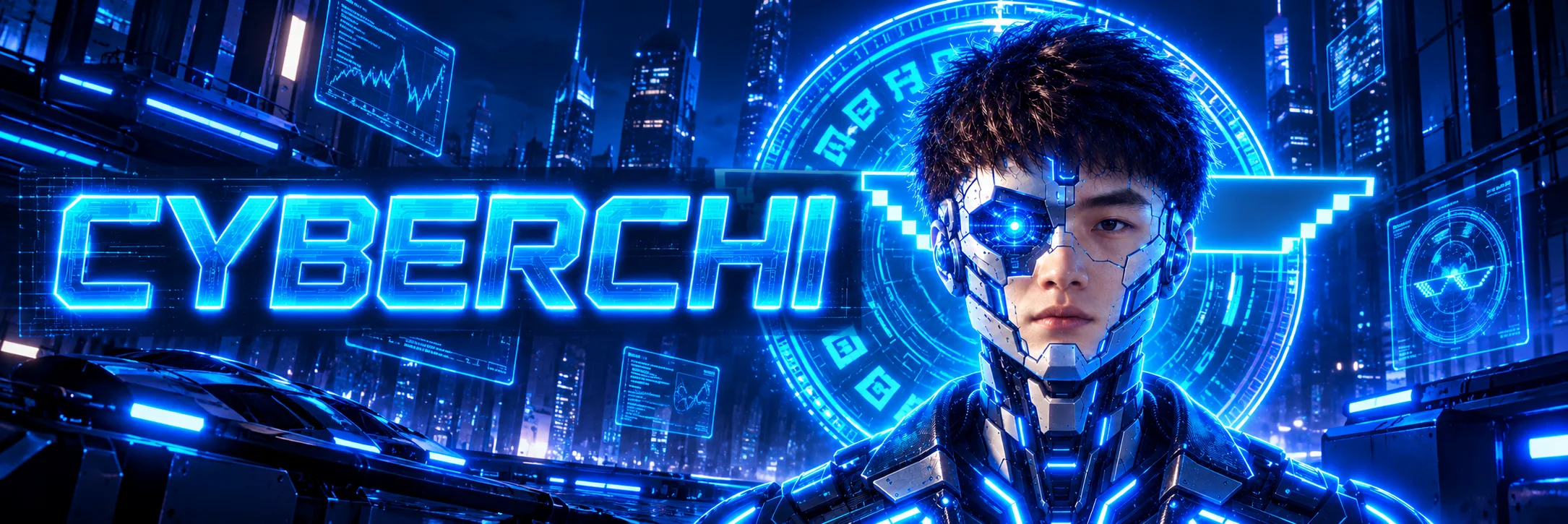 CYBERCHI banner in a neon blue city