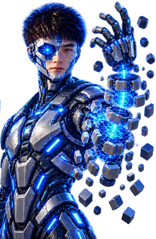 CYBERCHI assembling a cyber hand from floating cubes