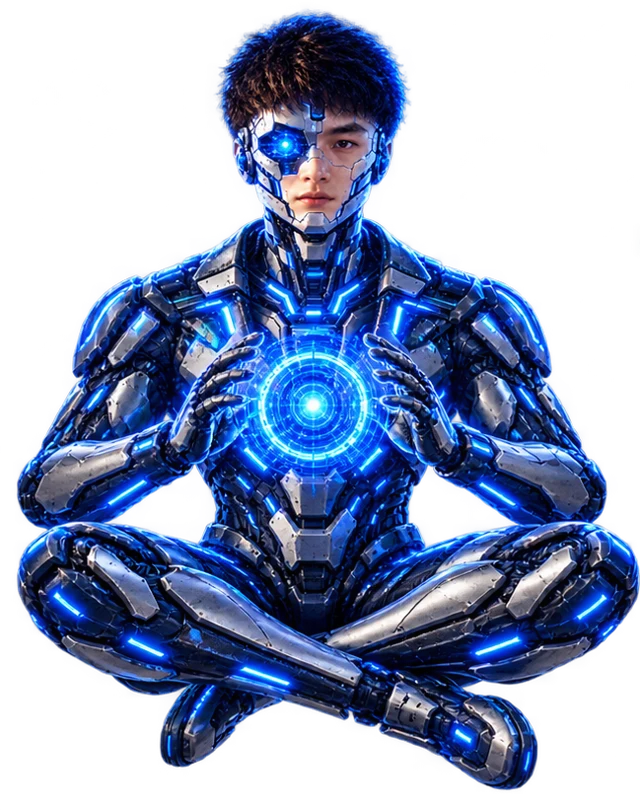 CYBERCHI meditating with a glowing core between his hands