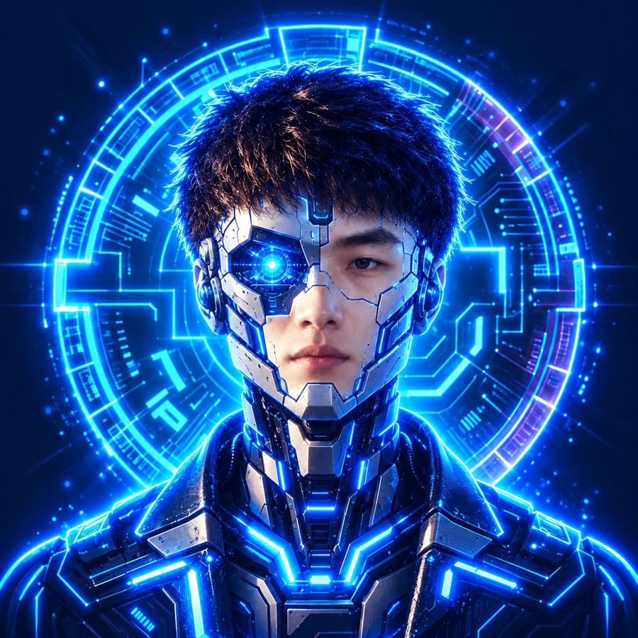 CYBERCHI — a face half covered with glowing cyber armor and a blue eye